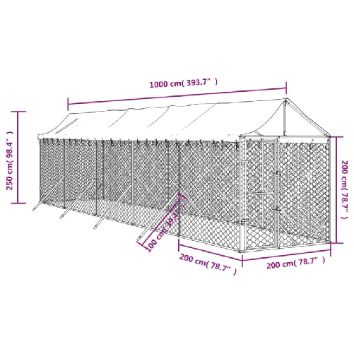 vidaXL Cuccia Cani da Esterno Tetto Argento 2x10x2,5 m Acciaio Zincato
