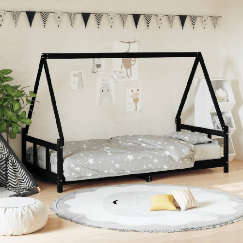 vidaXL Giroletto per Bambini Nero 90x200 cm in Legno Massello di Pino
