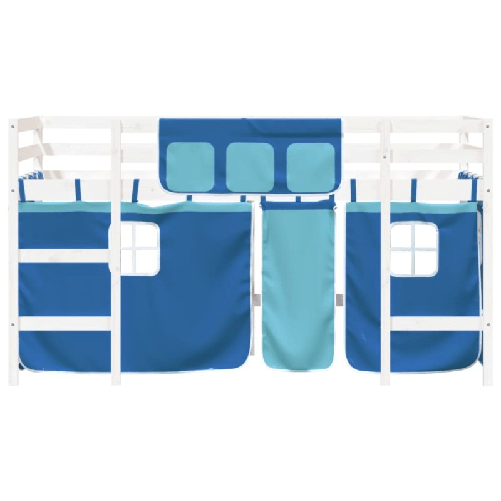 Letto a Soppalco con Tende Bambini Blu 90x200 cm Massello Pino