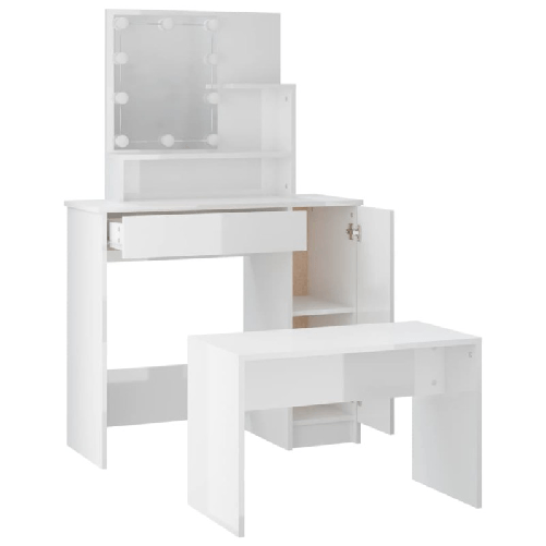 vidaXL Set Tavolo da Toeletta Bianco Lucido con LED Legno Multistrato