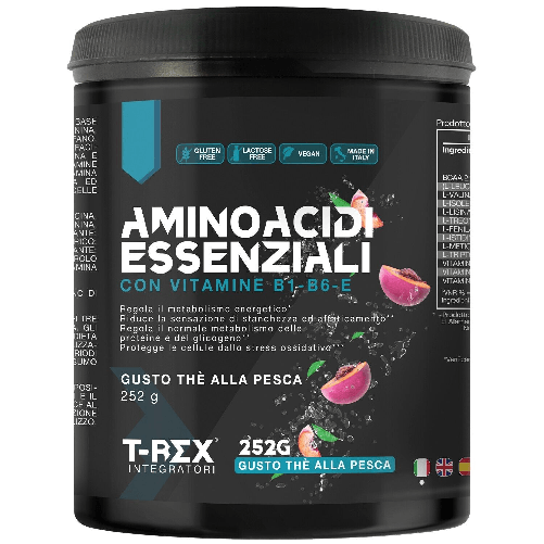 EAA Aminoacidi Essenziali con mix di vitamine B1, B6 ed E - Integratore di amminoacidi naturali vegan T-Rex Integratori (Tè alla Pesca, 252g polvere)
