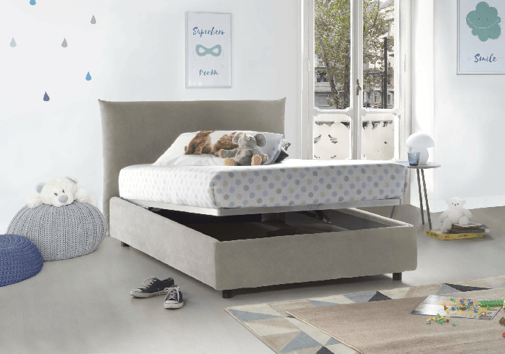Talamo Italia Letto piazza e mezza Dbranc, Letto contenitore con rivestimento in tessuto