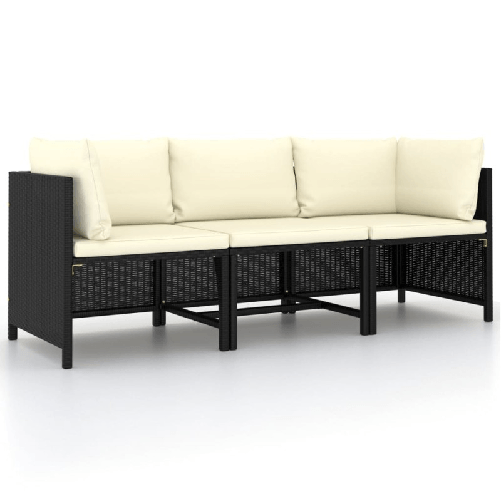 vidaXL Divano da Giardino a 3 Posti con Cuscini Nero in Polyrattan