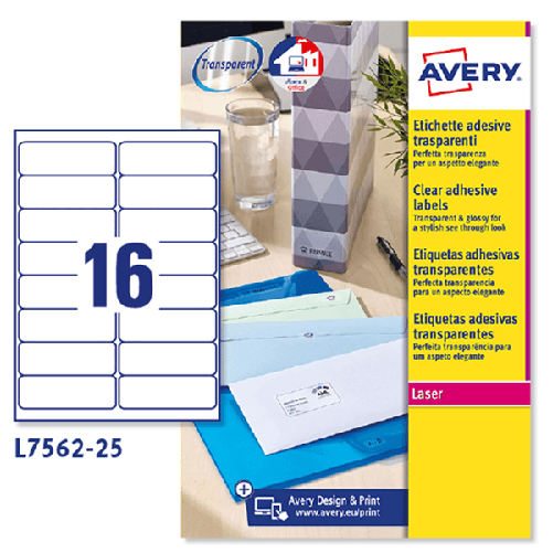 Avery Poliestere adesivo L7562 trasparente 25fg A4 99,1x34mm (16et/fg) laser Avery