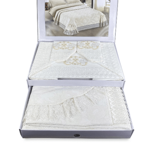 BAULETTO GRETA CON pizzo MACRAMÈ RICAMATO PANNA MATRIMONIALE lenzuolo E COPRILETTO IDEA SPOSA