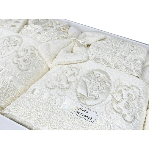 COMPLETO bagno IN SPUGNA Ricamato con Pizzo Macramè 14 PEZZI IDEA SPOSA