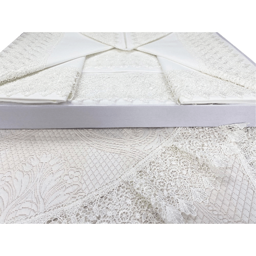 BAULETTO SUSY rifinito con Pizzo Macramè MATRIMONIALE lenzuolo e COPRILETTO idea SPOSA