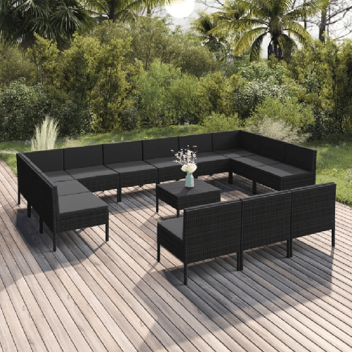 vidaXL Set Divani da Giardino 14 pz con Cuscini in Polyrattan Nero