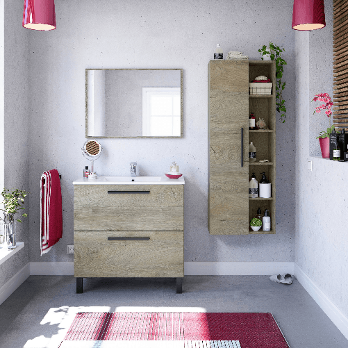 Dmora Mobile sottolavabo Douna, Mobiletto per bagno a 2 cassetti, Armadietto sospeso con specchio