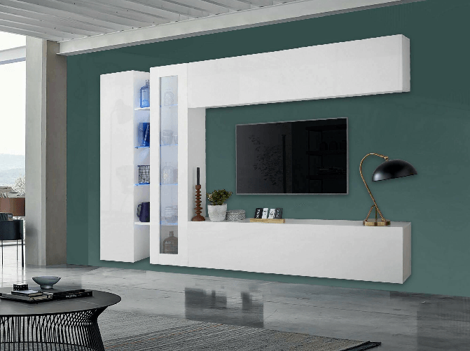 Dmora Parete attrezzata Dborin, Set salotto porta TV a 4 ante, Mobile soggiorno multiuso