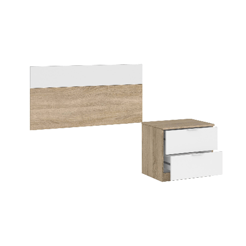 Dmora Testiera letto Dfarron, Comodino a due cassetti con testiera per letto singolo da 90 cm