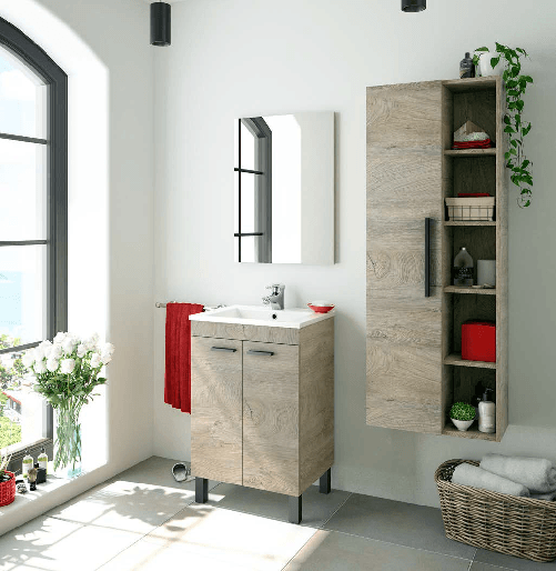Dmora Mobile sottolavabo Dkolaro, Mobiletto per bagno, Armadio a 2 ante con specchio
