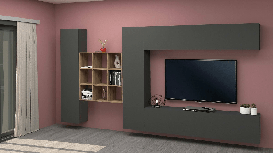Dmora Parete attrezzata Dfallic, Set salotto porta TV a 4 ante, Mobile soggiorno multiuso