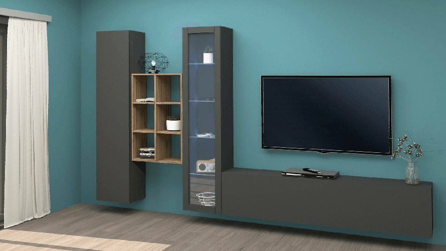 Dmora Parete attrezzata Dcragn, Set salotto porta TV a 3 ante