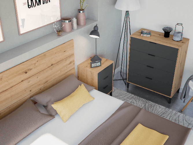 Dmora Comodino Damoros, Set camera da letto, Testiera letto e 2 Comodini a 3 cassetti, 160x2 cm