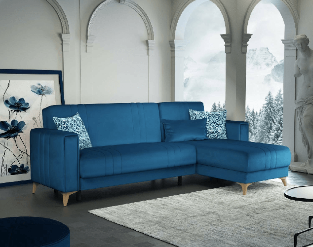 Dmora Divano letto Dinsign, Divano letto contenitore ad angolo con 3 cuscini inclusi