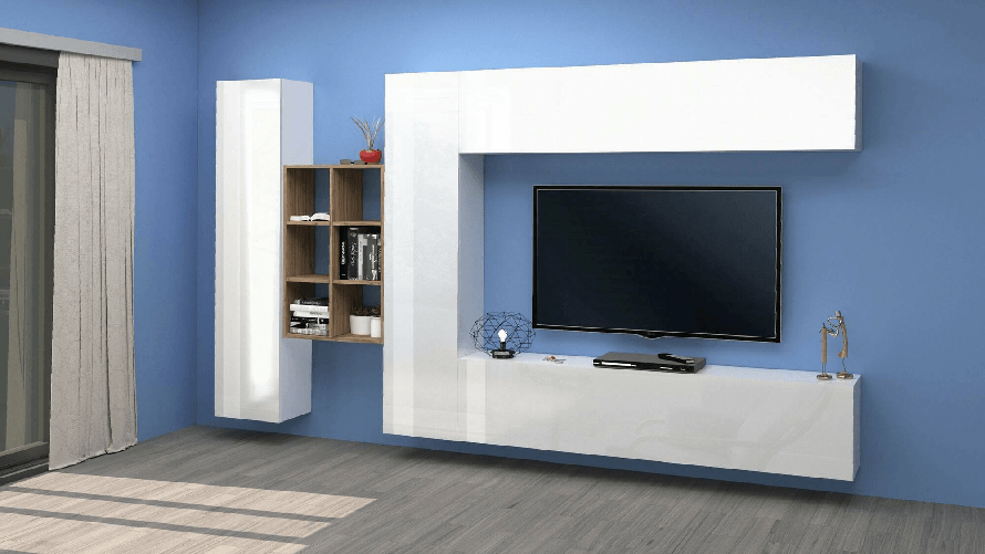 Dmora Parete attrezzata Dcaldar, Set salotto porta TV a 4 ante, Mobile soggiorno multiuso