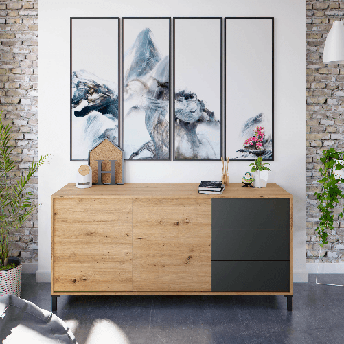 Dmora Credenza Dbog, Madia moderna a 2 ante e 3 cassetti, Buffet da soggiorno, Mobile porta TV