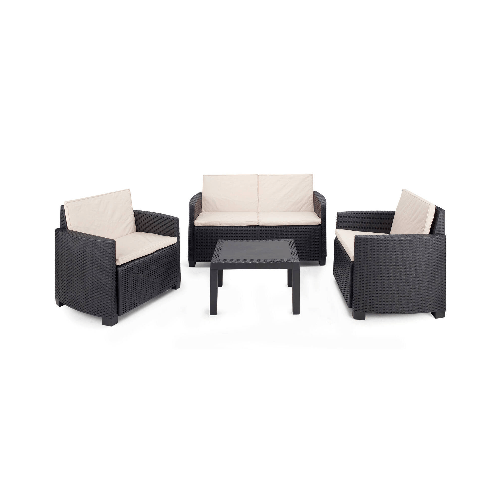 Dmora Set salotto da esterno Dmasucc, Set da giardino con 2 poltrone, 1 divano ed 1 tavolino