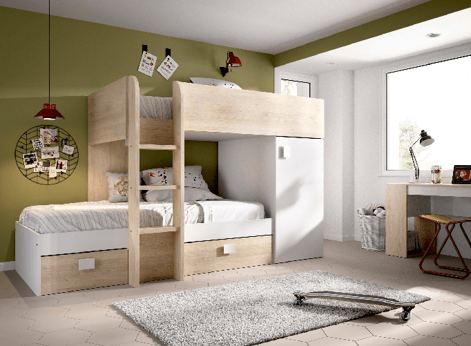 Dmora Letto per bambini Dguerci, Cameretta completa con armadio e cassetti