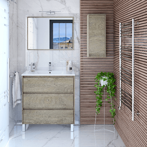 Dmora Mobile sottolavabo Dgadd, Mobiletto per bagno, Armadio a 3 cassetti e specchio