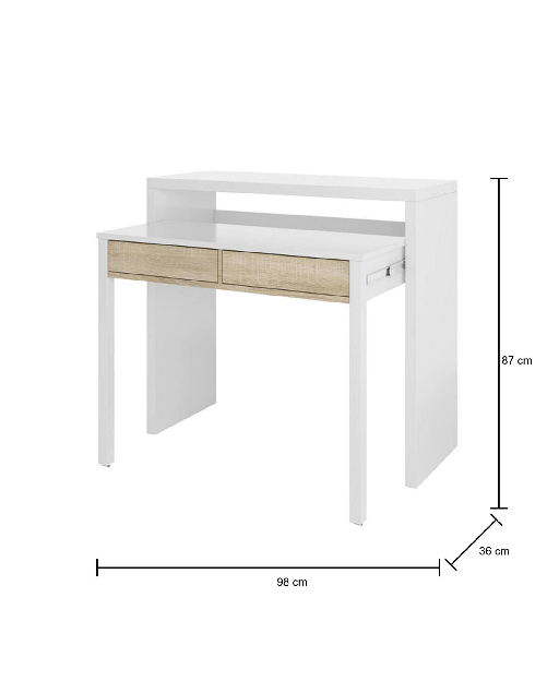 Dmora Scrivania Damodi, Scrivania con piano estensibile, Scrittoio porta PC con 2 cassetti