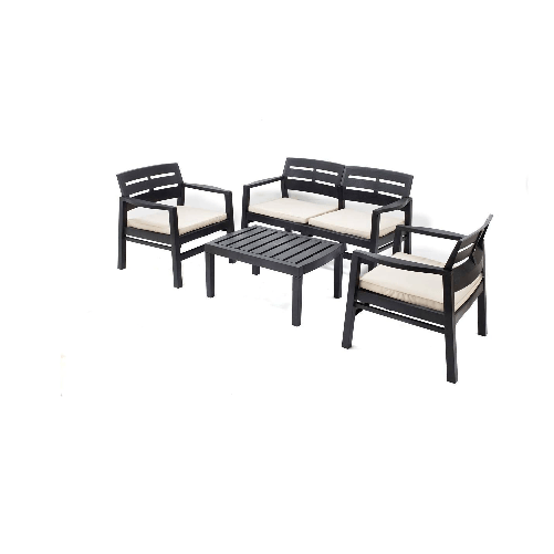 Dmora Set salotto da esterno Dgyas, Set da giardino con 2 poltrone, 1 divano ed 1 tavolino