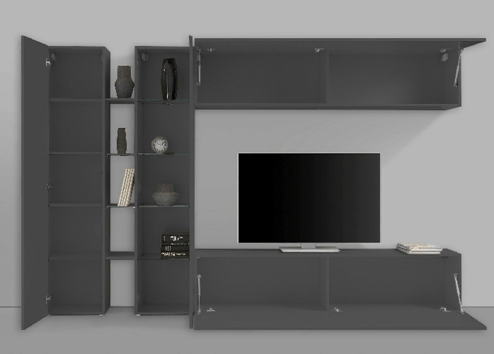 Dmora Parete attrezzata Dborin, Set salotto porta TV a 4 ante, Mobile soggiorno multiuso
