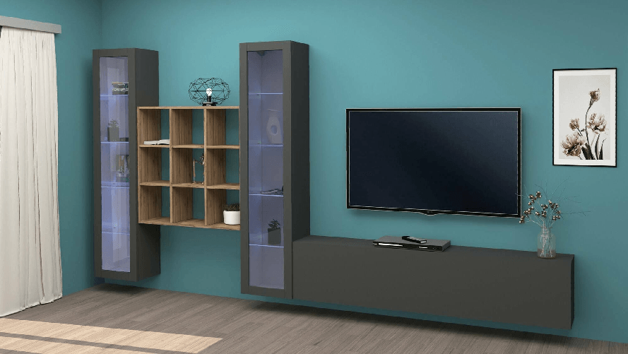 Dmora Parete attrezzata Dchiorr, Set salotto porta TV a 3 ante