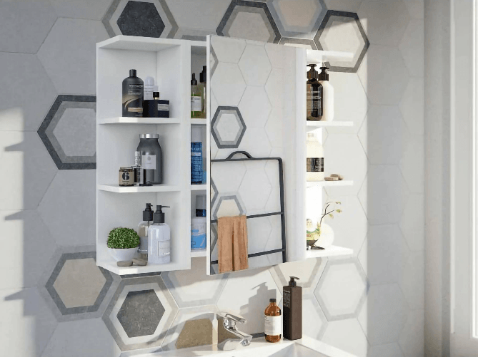 Dmora Mobile Pensile Bagno Dfus, Mobile colonna per bagno, Armadietto sospeso, Bianco lucido