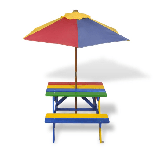 Tavolo e Panchine per Bambini con Parasole Legno Multicolore