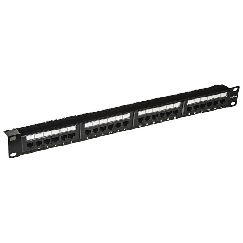 Link pannello patch 24 porte non schermate categoria 6a con supporto cavi con etichetta e protezione trasparente su ogni porta