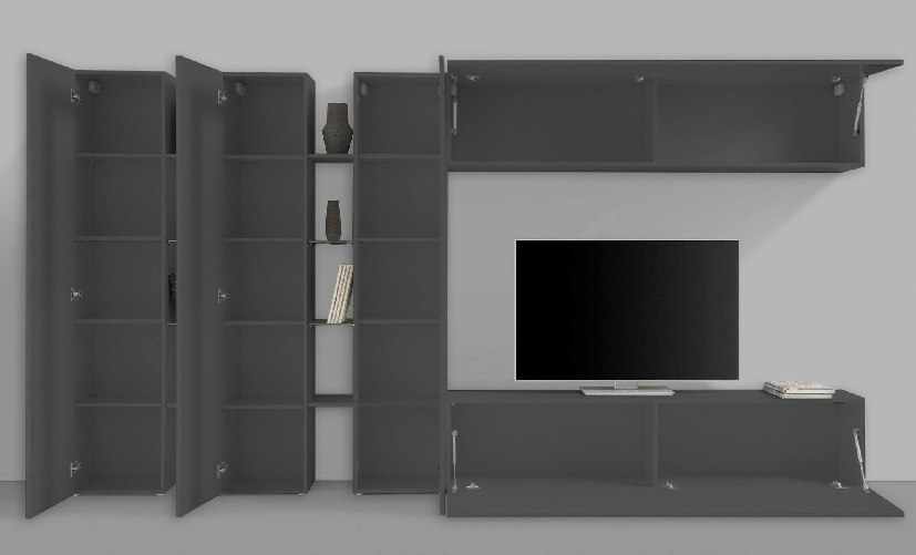 Dmora Parete attrezzata Dattard, Set salotto porta TV a 5 ante, Mobile soggiorno multiuso