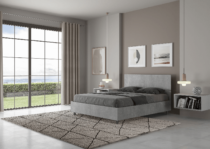 Letto matrimoniale francese con rete 140x200 testata dritta cemento Demas