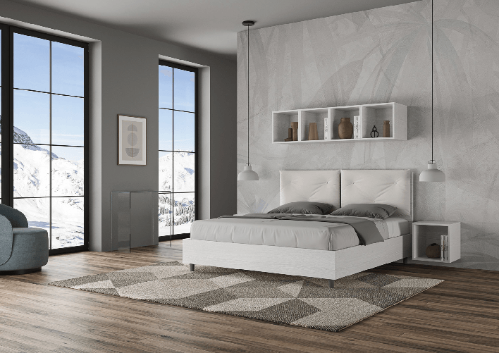 Letto matrimoniale contenitore 160x190 bianco frassino cuscini similpelle bianco Egos Appia