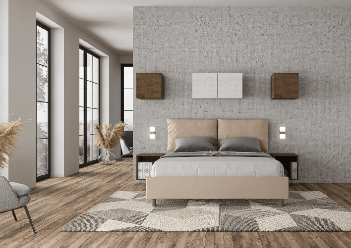 Letto matrimoniale con rete imbottito 160x200 similpelle tortora Antea