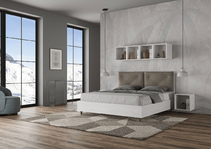 Letto matrimoniale con rete 160x200 bianco frassino cuscini similpelle cappuccino Egos Appia