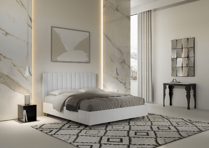 Letto matrimoniale contenitore 160x190 bianco frassino testata similpelle bianco Kaia