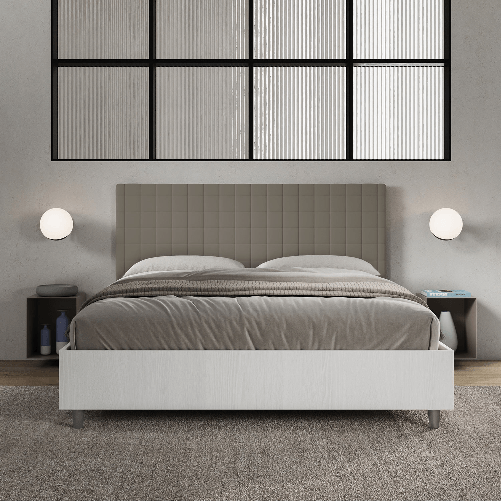 Letto matrimoniale con rete 160x200 bianco frassino testata similpelle cappuccino Burmy