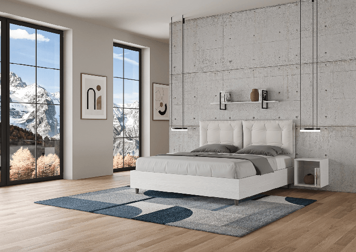 Letto matrimoniale con rete 160x200 bianco frassino cuscini similpelle bianco Egos Annalisa