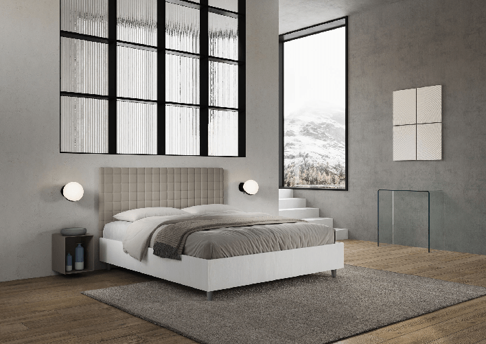 Letto matrimoniale senza rete 160x190 bianco frassino testata similpelle tortora Burmy