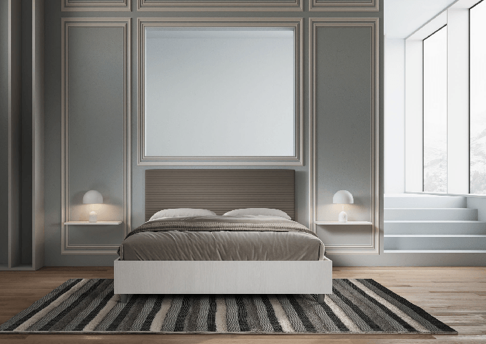 Letto matrimoniale con rete 160x190 bianco frassino testata similpelle cappuccino Level