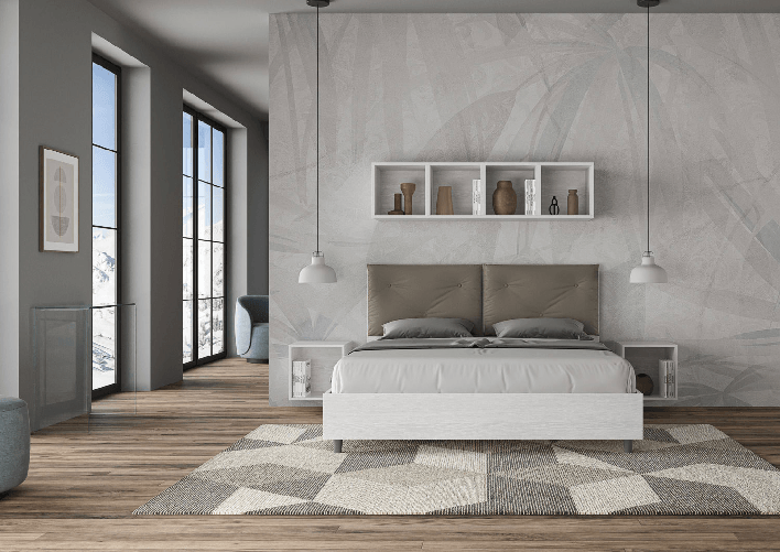Letto matrimoniale contenitore 160x190 bianco frassino cuscini similpelle cappuccino Egos Appia