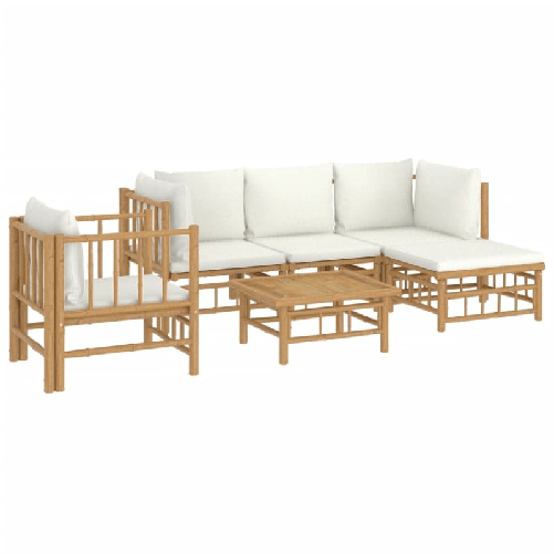 Set Salotto da Giardino 6pz con Cuscini Bianco Crema in Bambù