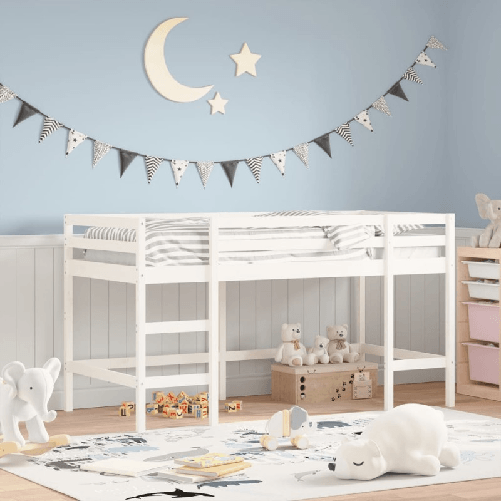 Letto Soppalco con Scala Bambini Bianco 90x200cm Massello Pino