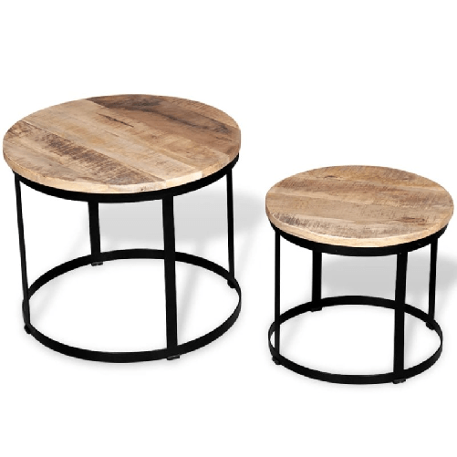 2 Pz Tavolini da Caffè Tondi in Legno Grezzo di Mango 40cm/50cm