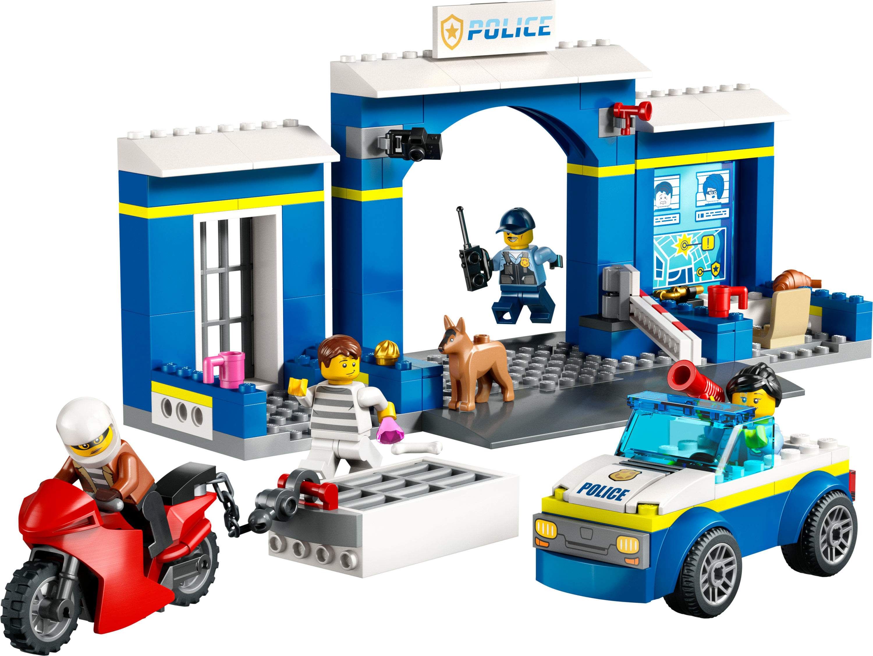 LEGO City 60370 Inseguimento alla Stazione di Polizia, Macchina e Moto giocattolo, Minifigure e Cane LEGO City Inseguimento alla Stazione di Polizia