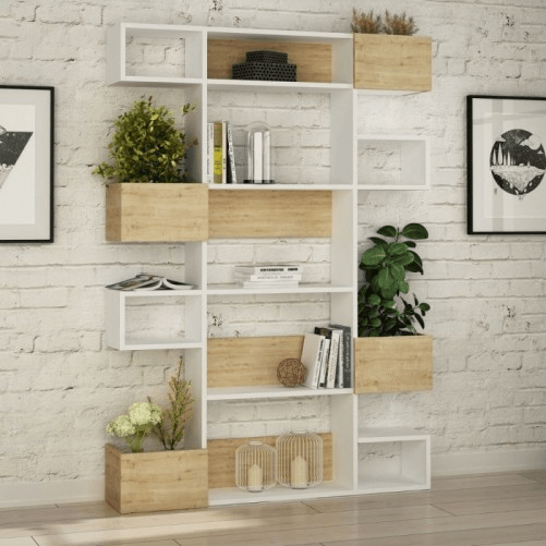 Mobile Libreria a Giorno Fioriera in Legno Bianco e Rovere Scaffale con Ripiani