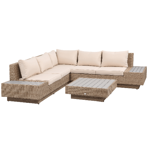 Outsunny Set da Giardino 4 Pezzi in Rattan, Divano Angolare con Cuscini e Tavolini, Nero e Marrone chiaro