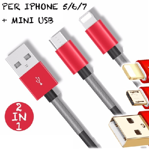 Trade Shop Traesio-cavo Usb 2.0 Caricatore Batteria E Sync Per Iphone 5 6 7 E Samsung 2 In 1 Rapido -